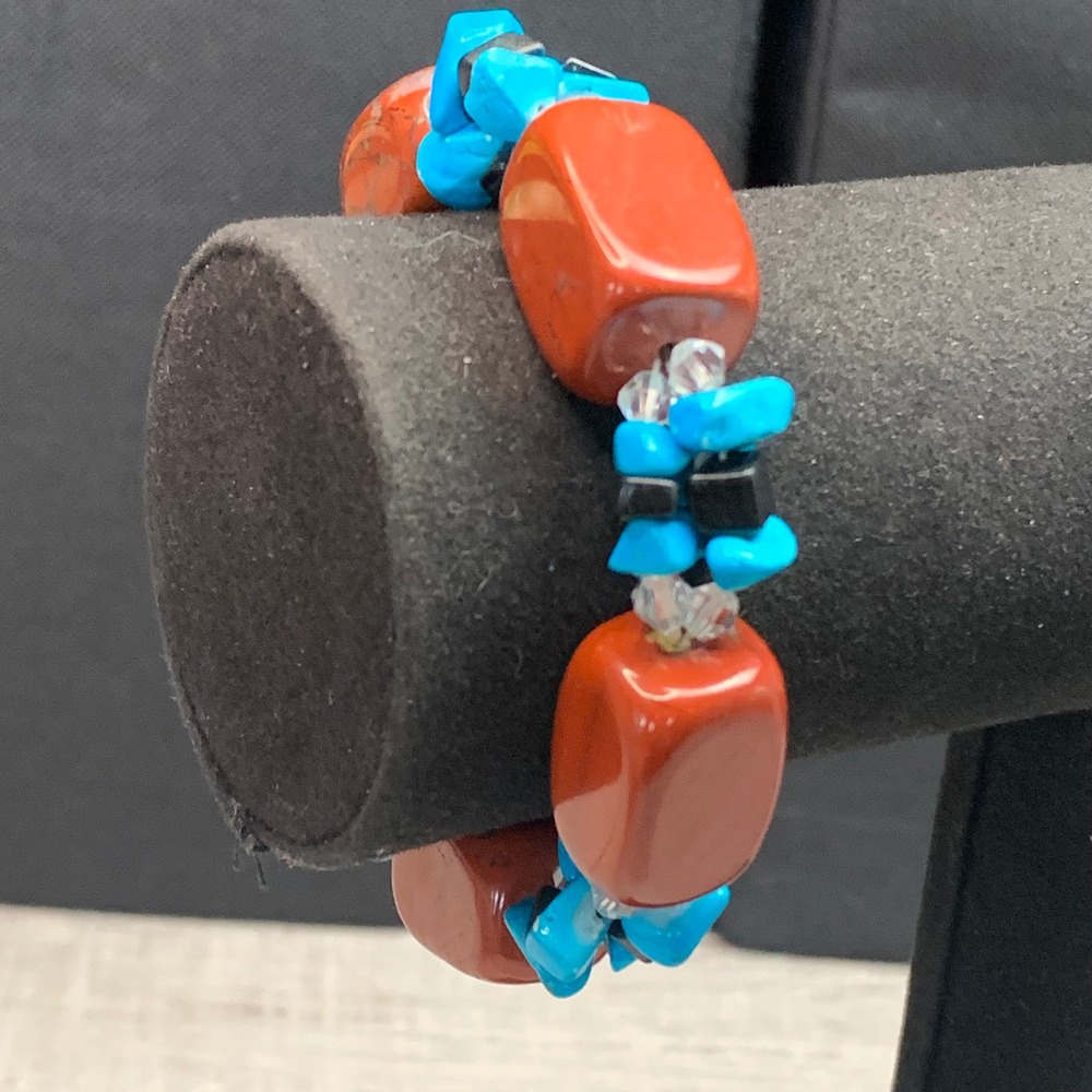 Red Jasper and Turquoise Stone Stretch Bracelet Boho Southwestern Style 5617
